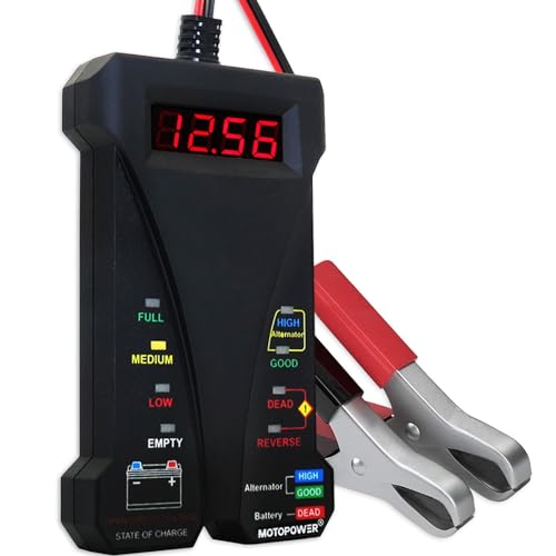 MOTOPOWER MP0514A 12V Digital Car Battery Tester Voltmeter and Charging System Analyzer with LCD Display and LED Indication - Black Rubber Paint