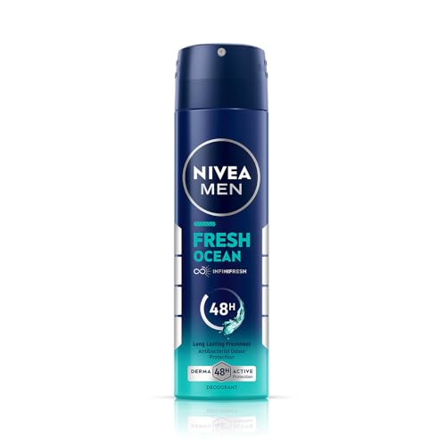 NIVEA Men Fresh Ocean Deodorant Spray, 150ml | 48 H Active Odour Protection | Fresh Long Lasting Deo for men | Fights Odour causing bacteria | Aqua an