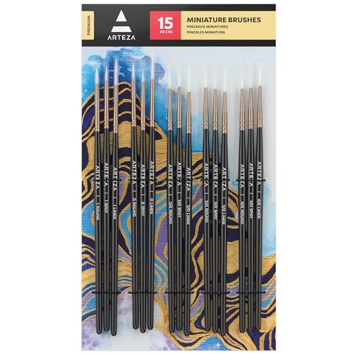ARTEZA Detail Paint Brushes, Set of 15, Miniature Paint Brush Set with Spot, Round and Liner Tips, Fine Tip Paint Brushes for Acrylic Painting, Watercolor, Models, Crafts and Canvas