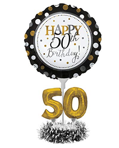 Creative Converting 317307 Happy 50th Birthday Balloon Centerpiece Black and Gold for Milestone Birthday Black & Gold, 18"