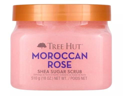 Tree Hut Moroccan Rose Shea Sugar Scrub, Exfoliating, Hydrating & Moisturizing Body Scrub with Shea Butter & Nourishing Essential Oils, Smooth & Soften Skin, 18 oz