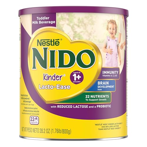Nestlé NIDO Lacto-Ease Toddler Milk Beverage Powder Mix, Reduced Lactose, Toddler Nutritional Drink, Powdered Milk for Toddlers, 22 Servings per Container, 28.2 OZ, Pack of 1