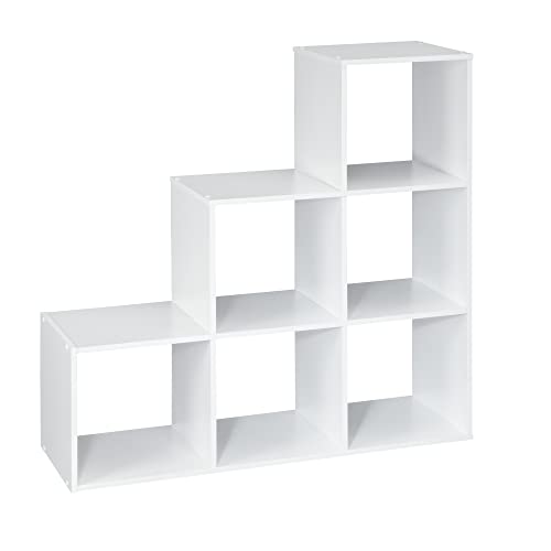 ClosetMaid Cubeicals 3-2-1 Cube Storage Shelf Organizer Bookshelf, 3 Tier, Steps, Corner Unit, Easy Assembly, Wood, White Finish