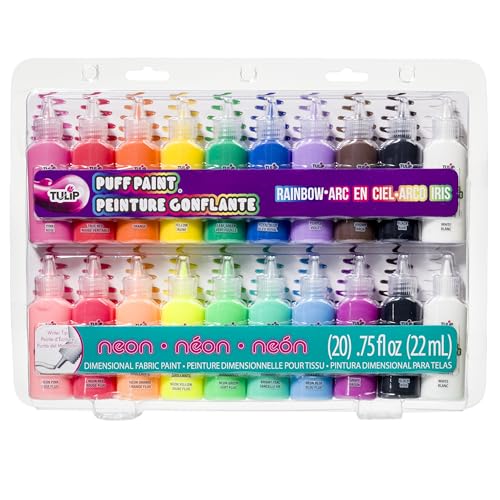 Tulip Puff Paint 20-Color Party Pack, Multi-Surface, Premium Quality, Nontoxic & Waterproof Craft Paint, Permanent on Fabric, Rainbow