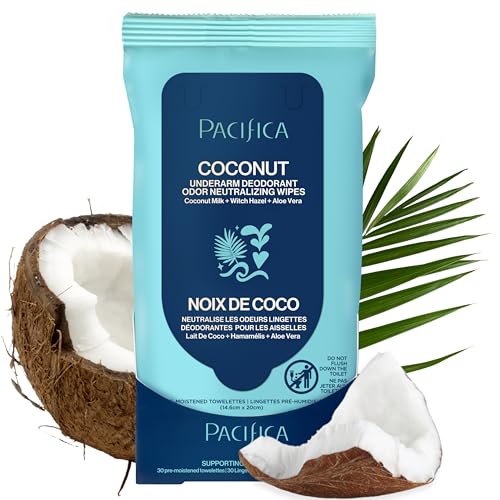 Pacifica Deodorant Wipes - Coconut Scented Body Wipes, Aluminum-Free After Workout Underarm Deodorant, Helps Fight Body Odor, Travel, Summer, Long Flight, and Gym Essentials for Men and Women - 30 pcs
