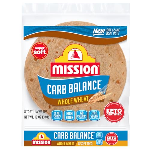 Mission Carb Balance Soft Taco Whole Wheat Tortillas, Medium Size, 8 Count, Low Carb, Keto, Whole Grains, High Fiber, No Sugar