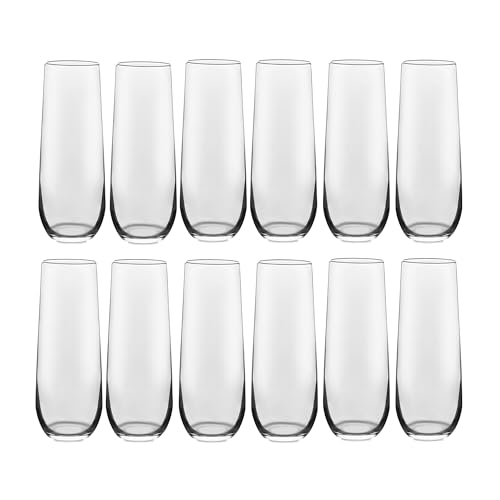 Libbey 228 Stemless Champagne Flutes Glass Set of 12, Elegant 8.5 Oz Flute Glasses for Champagne, Clear Fluted Glassware