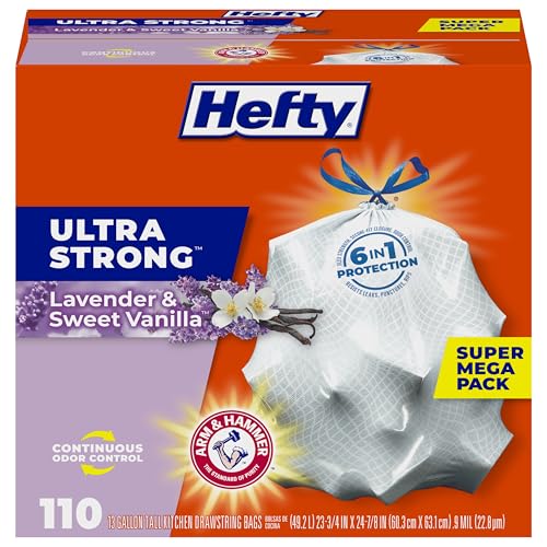 Hefty Ultra Strong 13 Gallon Trash Bags, Tall Kitchen Trash Bags 13 Gallon Size, Drawstring Closure, Continuous Odor Control, White, Lavender and Sweet Vanilla Scent, 110 Bags