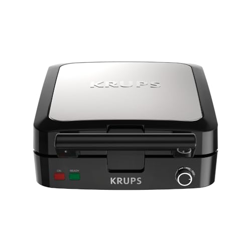 KRUPS 4-Slice Belgian Waffle Maker: Stainless Steel, 5 Browning Levels, Audible Ready Beep, Removable Plates, 1200W, Silver/Black, Large Waffle Maker Family Size, Great for Family Breakfasts