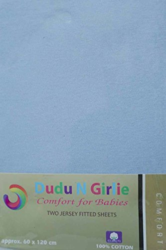 Dudu N Girlie 100 Percent Cotton Cot Fitted Sheets, 60 cm x 120 cm, 2-Piece, Blue