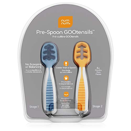 NumNum Baby Spoons Set, Baby Essentials Pre-Spoon GOOtensils for 6+ Months, First Stage Self-Feeding Spoons for Baby Led Weaning (BLW), Silicone Toddler Utensils, BPA-Free, 2 Pack Blue/Orange