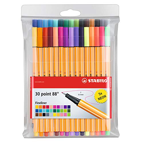 STABILO Fineliner point 88 - Wallet of 30 - Assorted colors with 5 neon colors