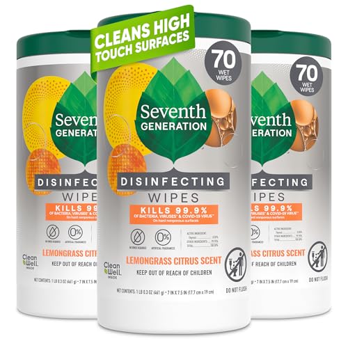 Seventh Generation Disinfecting Multi-Surface Wipes, Lemongrass Citrus, 70 Count, Pack of 3 (Packaging May Vary)