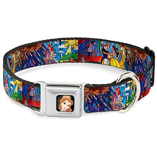 Buckle-Down Seatbelt Buckle Dog Collar - Beauty & the Beast Stained Glass Scenes - 1" Wide - Fits 9-15" Neck - Small