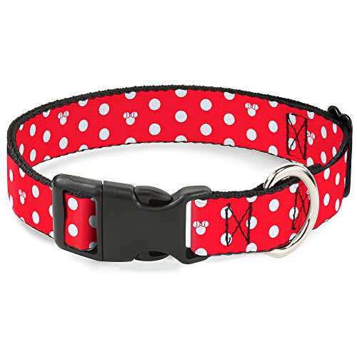 Buckle-Down Plastic Clip Collar - Minnie Mouse Polka Dot/Mini Silhouette Red/White - 1/2" Wide - Fits 9-15" Neck - Large
