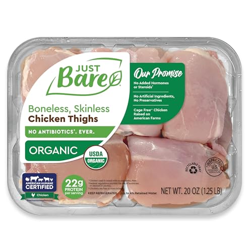 Just Bare® USDA Organic Fresh Chicken Thighs | No Antibiotics Ever | Boneless | Skinless | 1.25 LB