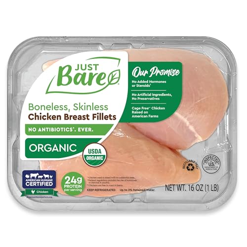 Just Bare® USDA Organic Fresh Chicken Breast Fillets | No Antibiotics Ever | Boneless | Skinless | 1.0 LB