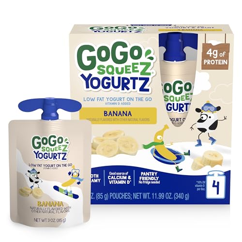 GoGo squeeZ yogurtZ Banana, 3 oz (Pack of 4), Kids Snacks Made from Real Yogurt and Fruit, Pantry Friendly, No Fridge Needed, Gluten Free and Nut Free, Recloseable Cap, BPA Free Pouches