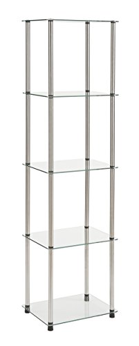 Convenience Concepts Designs2Go Classic Glass 5 Tier Tower 15.75" - Modern Media Storage Bookshelf for Living Room, Display Bookcase for Family Room, Bedroom, Bathroom, Office, Glass/Chrome