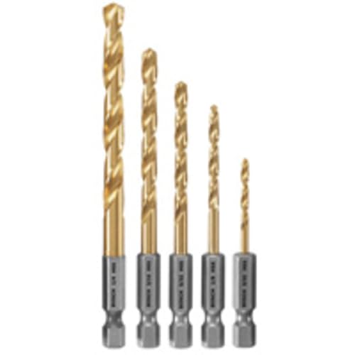 BOSCH TI5IM 5-Piece Assorted Set Titanium Nitride Coated Metal Drill Bits with Included Case Impact Tough with Impact-Rated Hex Shank Ideal for Heavy-Gauge Carbon Steels, Light Gauge Metal, Hardwood