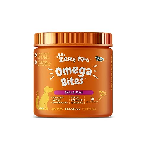 Zesty Paws Omega 3 Alaskan Fish Oil Chew Treats for Dogs - with AlaskOmega for EPA & DHA Fatty Acids - Hip & Joint Support + Skin & Coat Chicken Flavor (90 Soft Chews)