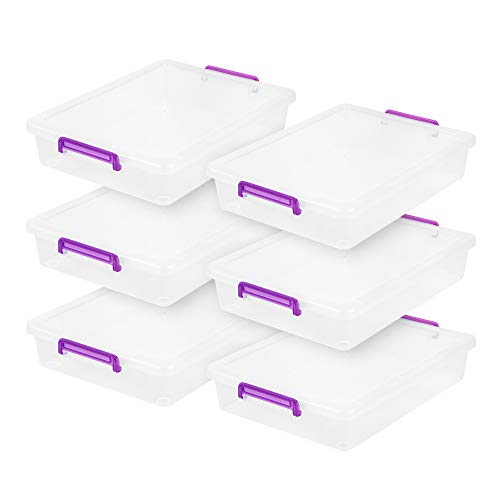 IRIS USA Plastic Storage Bins with Lids 6 Qt. Craft Organizers and Storage, Art Supply Storage Organizer, Arts and Crafts Organizer, Stackable and Secure Latch, Clear/Violet - 6 Pack