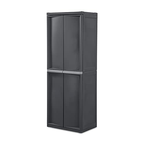 Sterilite 4 Shelf Cabinet, Lockable Utility Storage w/ Adjustable Shelves, Gray - Plastic Shelving Unit for Organizing G