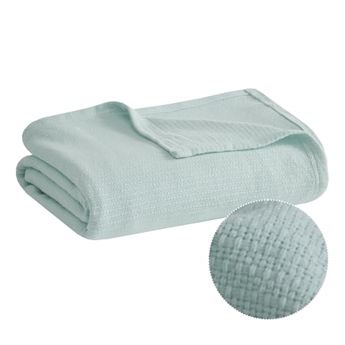 Madison Park BL51N-0853 Freshspun Basketweave Luxury Cotton Blanket Blue 108x90 King Size Basketweave Premium Soft Cozy 100% Cotton For Bed, Couch or Sofa