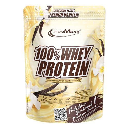 (-32%) IronMaxx 100% Whey Protein Pulver - French Vanilla 500g Beutel | zuckerreduziertes, wasserlösliches Eiweißpulver aus Molkenprotein | viele verschiedene Geschmacksrichtungen