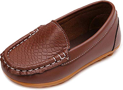 LONSOEN Toddler/Little Kid Boys Girls Soft Synthetic Leather Loafer Slip-On Boat-Dress Shoes/Sneakers,Brown,SHF103 CN21