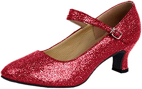 missfiona Women's Glitter Latin Ballroom Dance Shoes Pointed-Toe Y Strap Dancing Heels(5, Red)