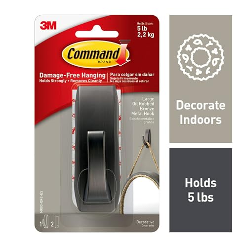 Command Large Modern Reflections Metal Hook, Holds up to 5 lb, Oil Rubbed Bronze, 1 Wall Hook with 2 Strips, Damage-Free