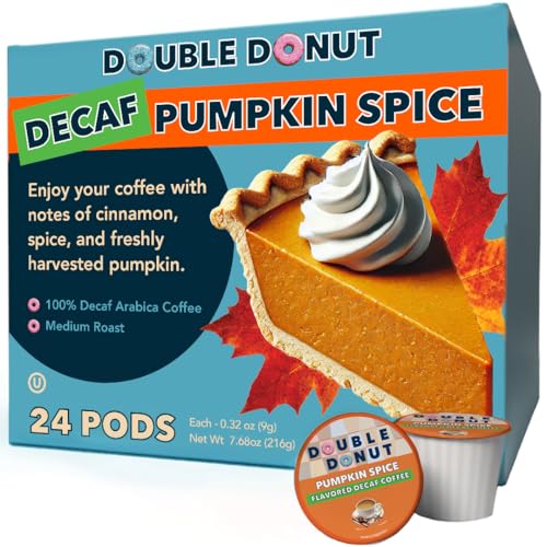 Double Donut Medium Roast Decaf Coffee Pods, Pumpkin Spice Flavored, for Keurig K-Cup Machines, 24 Single-Serve Capsules per Box