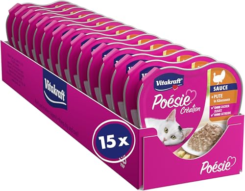 🔥 SELTEN SO GÜNSTIG (-49%) Vitakraft Poésie Création, Nassfutter Katze, Katzennassfutter in Sauce, mit Pute in Käsesauce, Vorratspackung, ohne Zusatz von Zucker und Getreide (15x 85g)