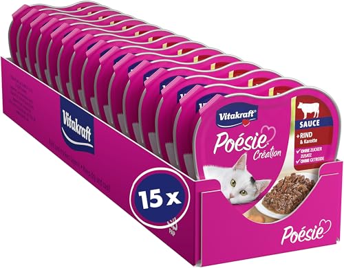 🔥 STARKER PREIS (-34%) Vitakraft Poésie Création, Nassfutter Katze, Katzennassfutter in Sauce, mit Rind und Karotte, Vorratspackung, ohne Zusatz von Zucker und Getreide (15x 85g)