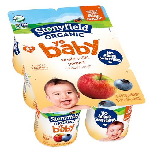 Stonyfield Organic YoBaby Yogurt Cups, Apple & Blueberry, 6 Ct - Nutritious, Whole Milk Yogurt with Probiotics, 4 oz. Each