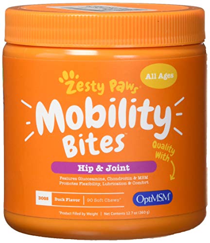 Zesty Paws Hip and Joint Supplement for Dogs - Glucosamine with Chondroitin, MSM, Vitamins C and E Dog Joint Relief - Mobility Bites Duck – 90 Count
