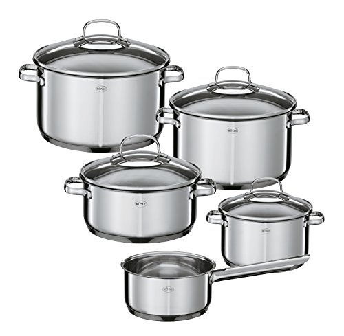 (-47%) RÖSLE ELEGANCE Topfset, 5-tlg., Edelstahl 18/10, 2-ton-poliert, mit Glasdeckel, Bratentopf, Kochtopf, Stielkasserolle, Innenskalierung, induktionsgeeignet, spülmaschinengeeignet