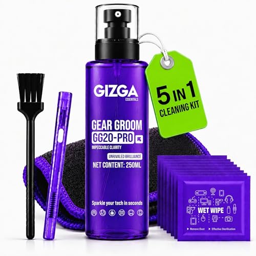 Gizga Essentials 5-in-1 Laptop Cleaning Kit - 250ml Screen Cleaner Spray, Microfiber Cloth, 10 Wet Wipes & Dual Brushes - Alcohol-Free Screen Cleaner 