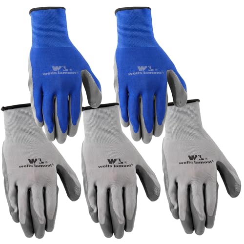 Wells Lamont Nitrile-Coated Work Gloves for Men – Abrasion & Cut Resistance – Lightweight & Breathable – Perfect for Construction, Automotive, Gardening - Blue/Grey, Large, 5 Pack