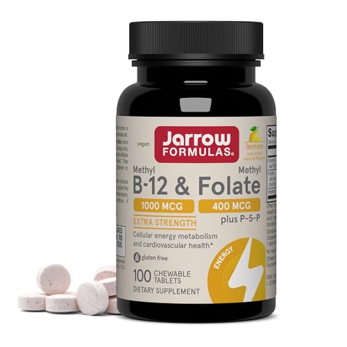 Jarrow Formulas Methyl B-12 1000 MCG and Methyl Folate 400 MCG, Extra Strength, Cellular Energy Metabolism and Cardiovascular Health Formula(1) With P-5-P, 100 Chewable Tablets, Up to a 100 Day Supply