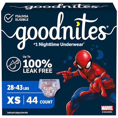 Goodnites Boys' Nighttime Bedwetting Underwear, Size Extra Small (28-43 lbs), 44 Ct (2 Packs of 22), Packaging May Vary