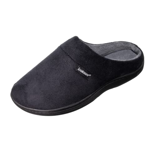 Isotoner Men's Classic Microterry Slippers - Cooling Gel-Infused Memory Foam, Indoor/Outdoor Soles, Machine Washable, Fuax Microsuede Black, 11-12