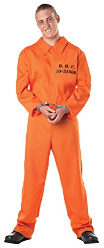 Seasons Prisoner Costume for Adults – Realistic Orange Inmate Jumpsuit with D.O.C. Prints & Handcuffs, Halloween Prison Outfit, Large 40–42
