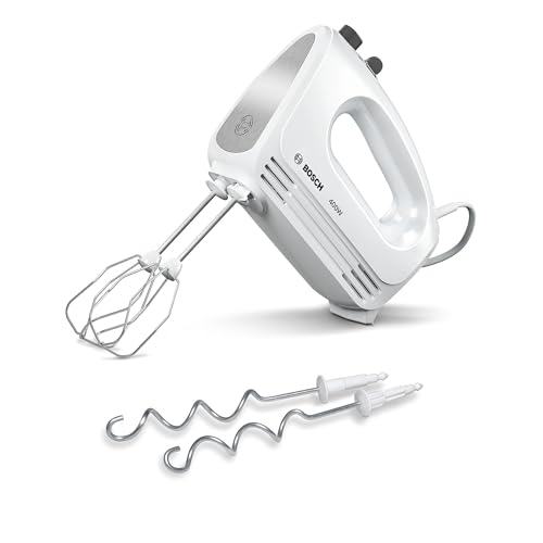 (-43%) Bosch Handrührgerät, 2 Rührbesen, 2 Knethaken, Edelstahl, spülmaschinenfest, 4 Stufen, Turbostufe, leicht, leise, 400 W, weiß, CleverMixx MFQ24200