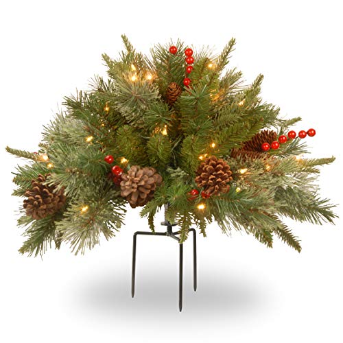 National Tree Company 'Feel Real' Pre-lit Artificial Christmas Urn Filler | Flocked with Mixed Decorations and Pre-strung White LED Lights with Stand | Colonial - 18 Inch