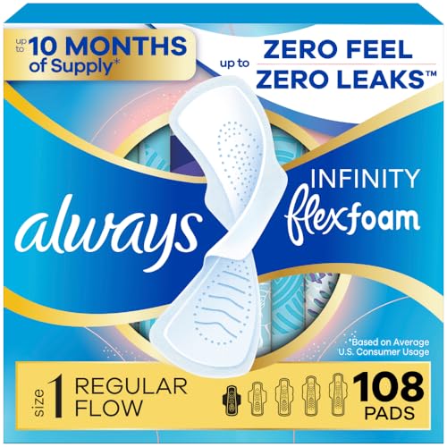 Always Infinity Feminine Pads for Women, Flexfoam Pads with Wings, Size 1, Regular Absorbency, Unscented, 108 Count (3 Packs of 36)
