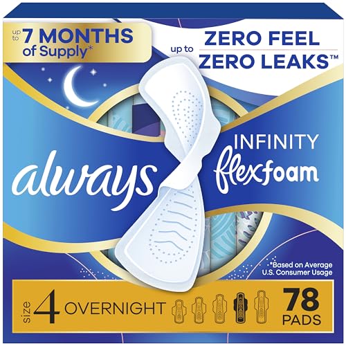 Always Infinity Feminine Pads for Women, Flexfoam Pads with Wings, Size 4, Overnight Absorbency, Unscented, 78 Count (3 Packs of 26)