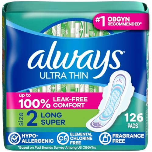 Always Ultra Thin Pads With Wings Size 2 Long Super 126 Count 3 Packs