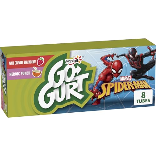 Go-GURT Marvel Spider-Man Wall Crawler Strawberry and Heroic Punch Kids Fat Free Yogurt Variety Pack, Gluten Free, 2 oz Yogurt Tubes (8 Count)
